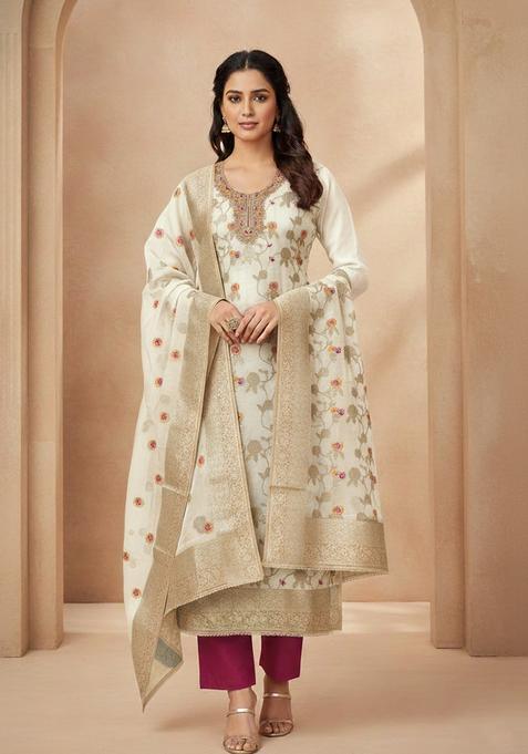 White Embroidery Silk Salwar Kameez
