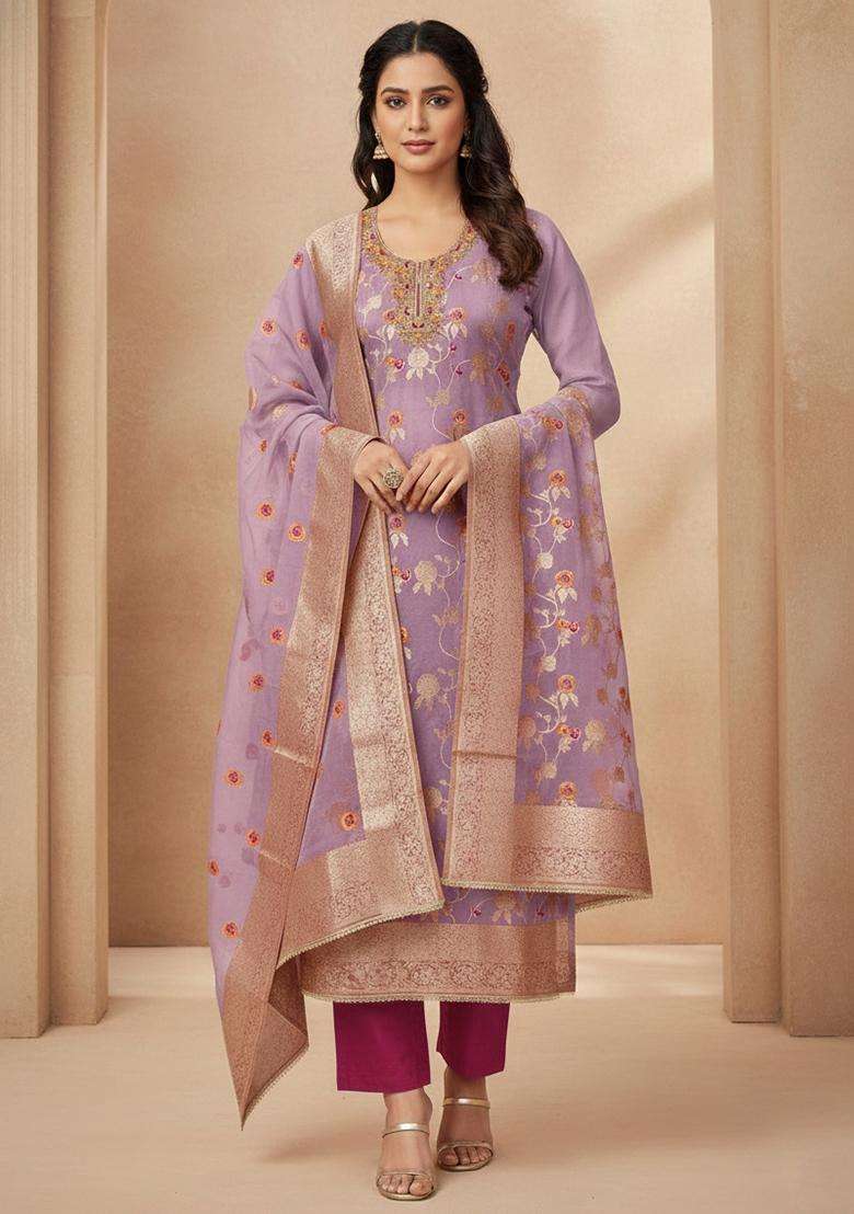 Lavender Embroidery Silk Salwar Kameez - Indya
