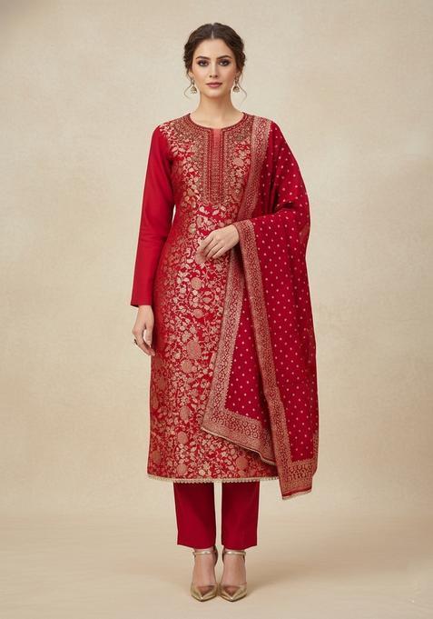 Red Embroidery Jacquard Salwar Kameez