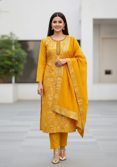 Yellow Embroidery Jacquard Salwar Kameez
