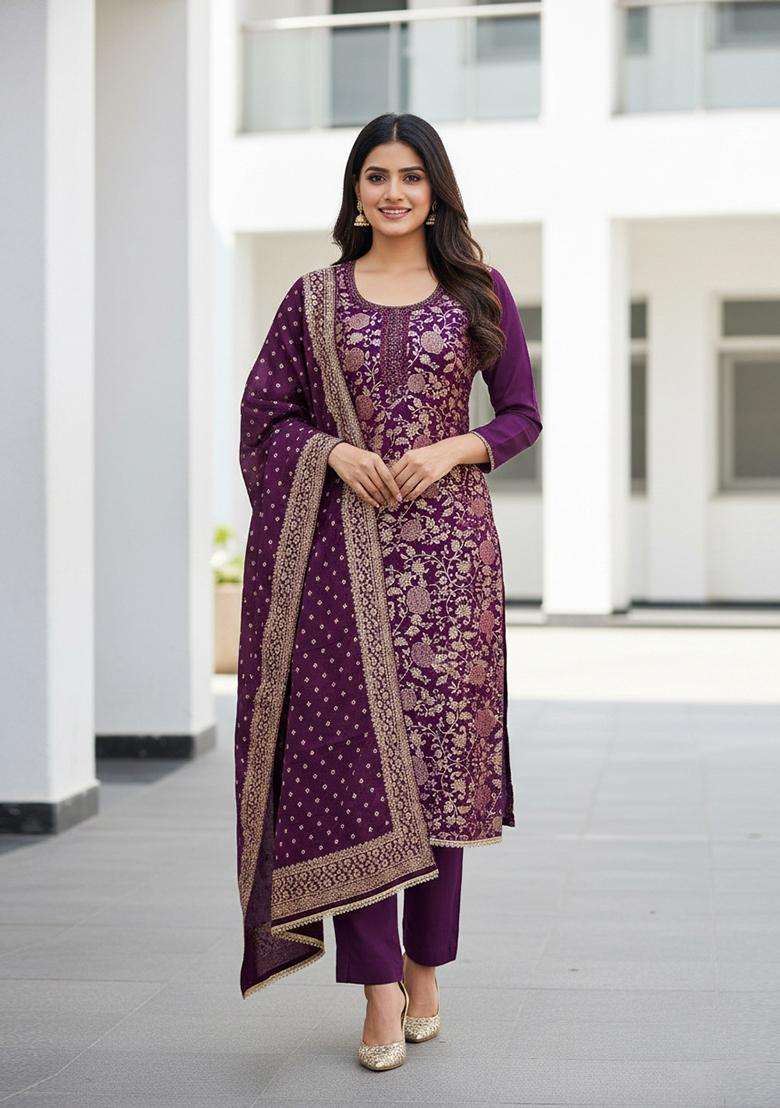 Purple Embroidery Jacquard Salwar Kameez - Indya