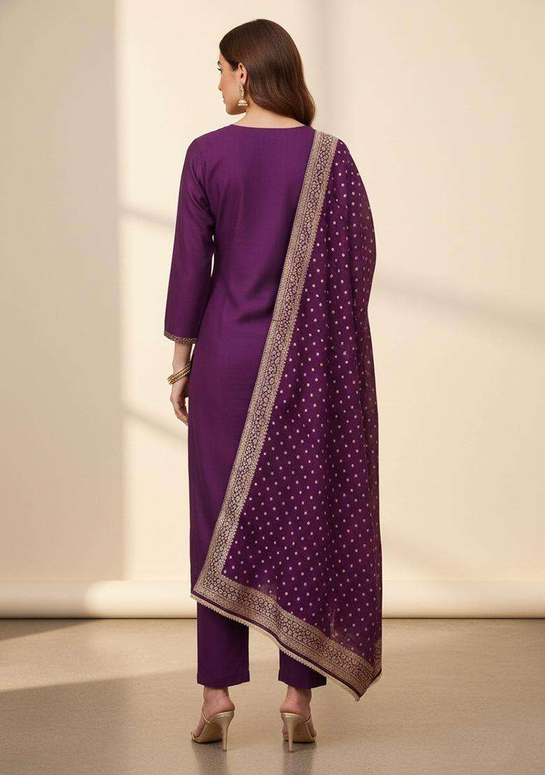 Purple Embroidery Jacquard Salwar Kameez - Indya