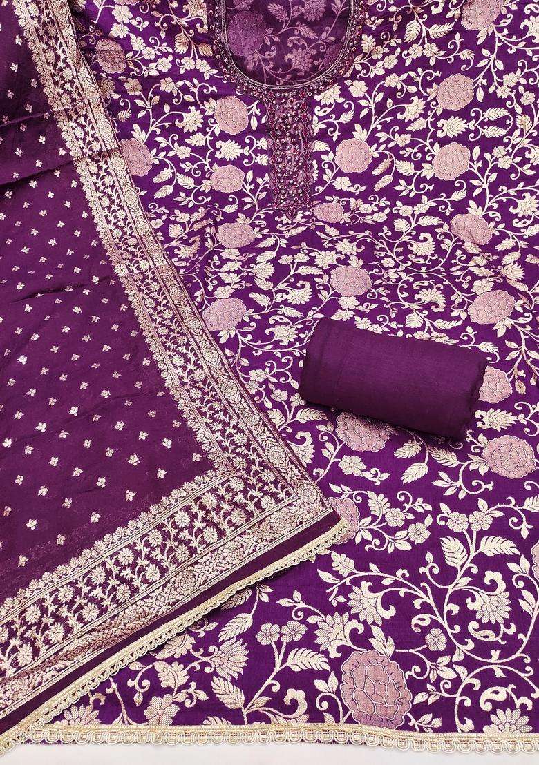 Purple Embroidery Jacquard Salwar Kameez - Indya