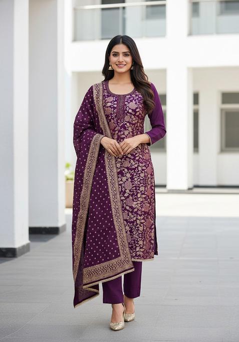 Purple Embroidery Jacquard Salwar Kameez