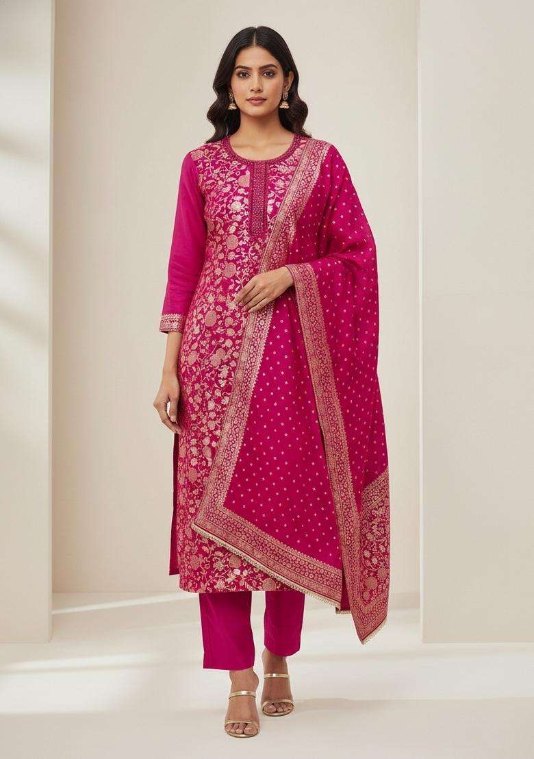 Pink Embroidery Jacquard Salwar Kameez - Indya