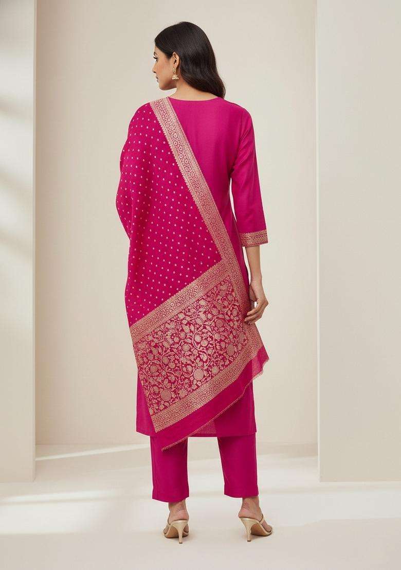 Pink Embroidery Jacquard Salwar Kameez - Indya