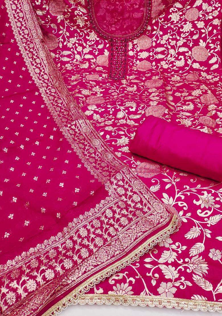 Pink Embroidery Jacquard Salwar Kameez - Indya