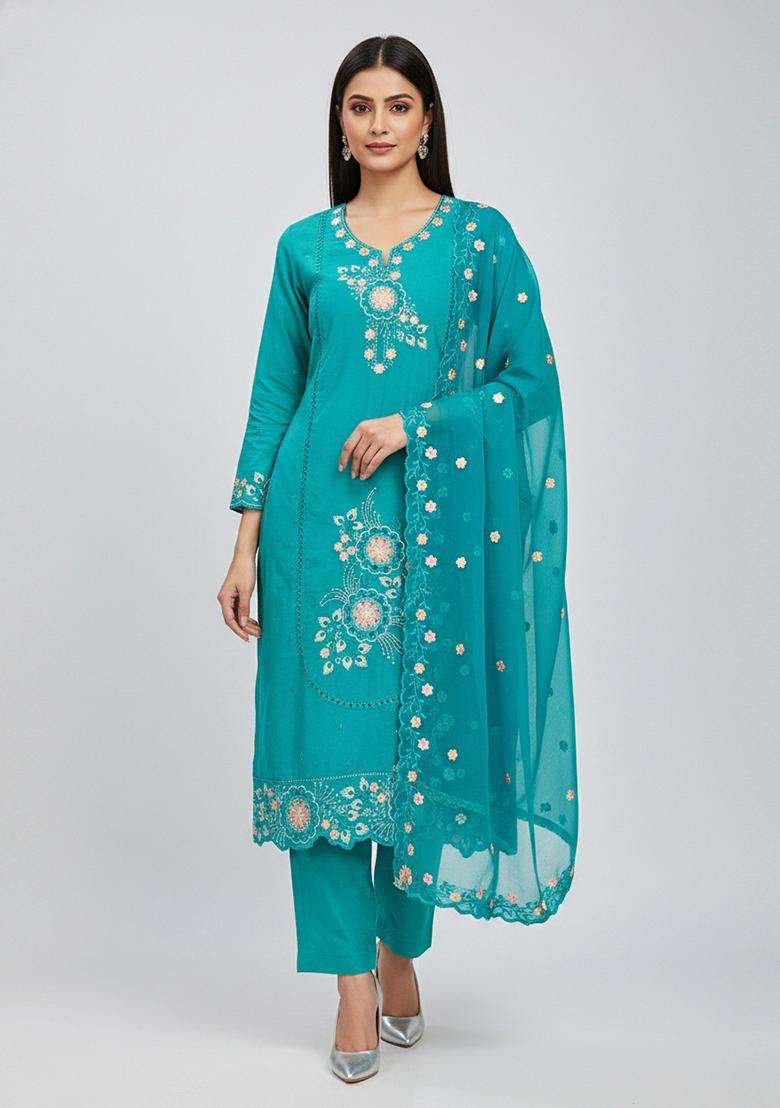Sea Green Embroidery Viscose Salwar Kameez - Indya