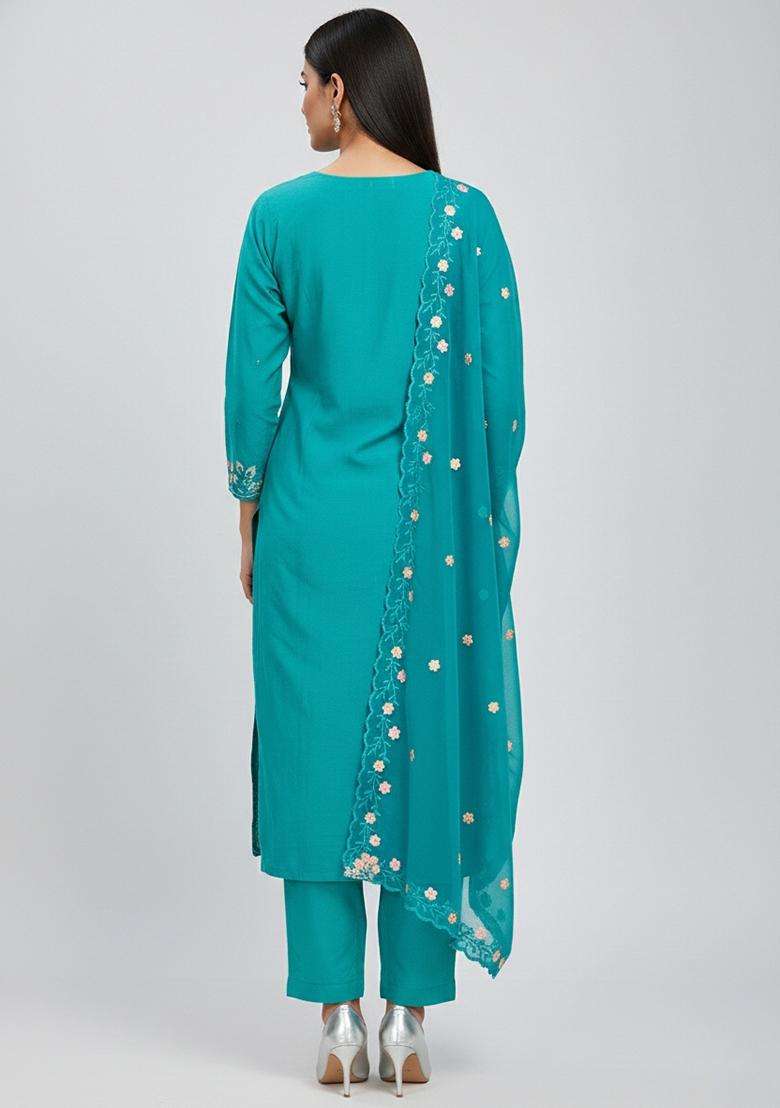 Sea Green Embroidery Viscose Salwar Kameez - Indya