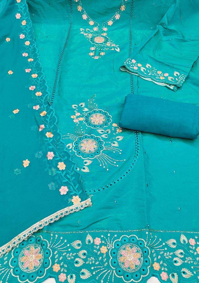 Sea Green Embroidery Viscose Salwar Kameez - Indya