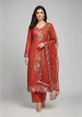 Rust Embroidery Viscose Salwar Kameez