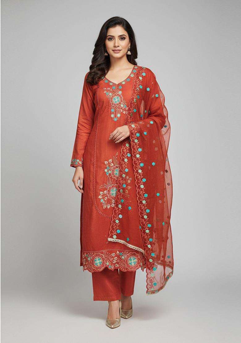 Rust Embroidery Viscose Salwar Kameez - Indya