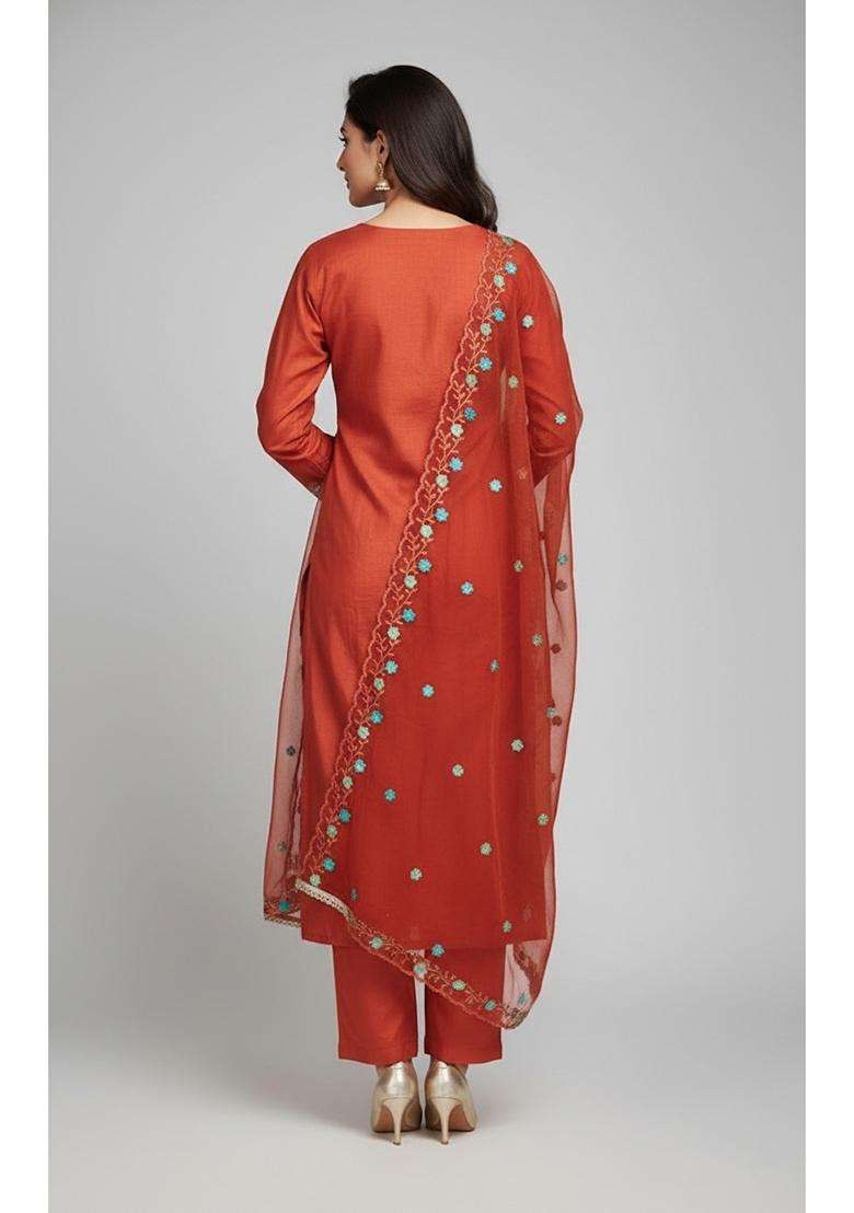 Rust Embroidery Viscose Salwar Kameez - Indya