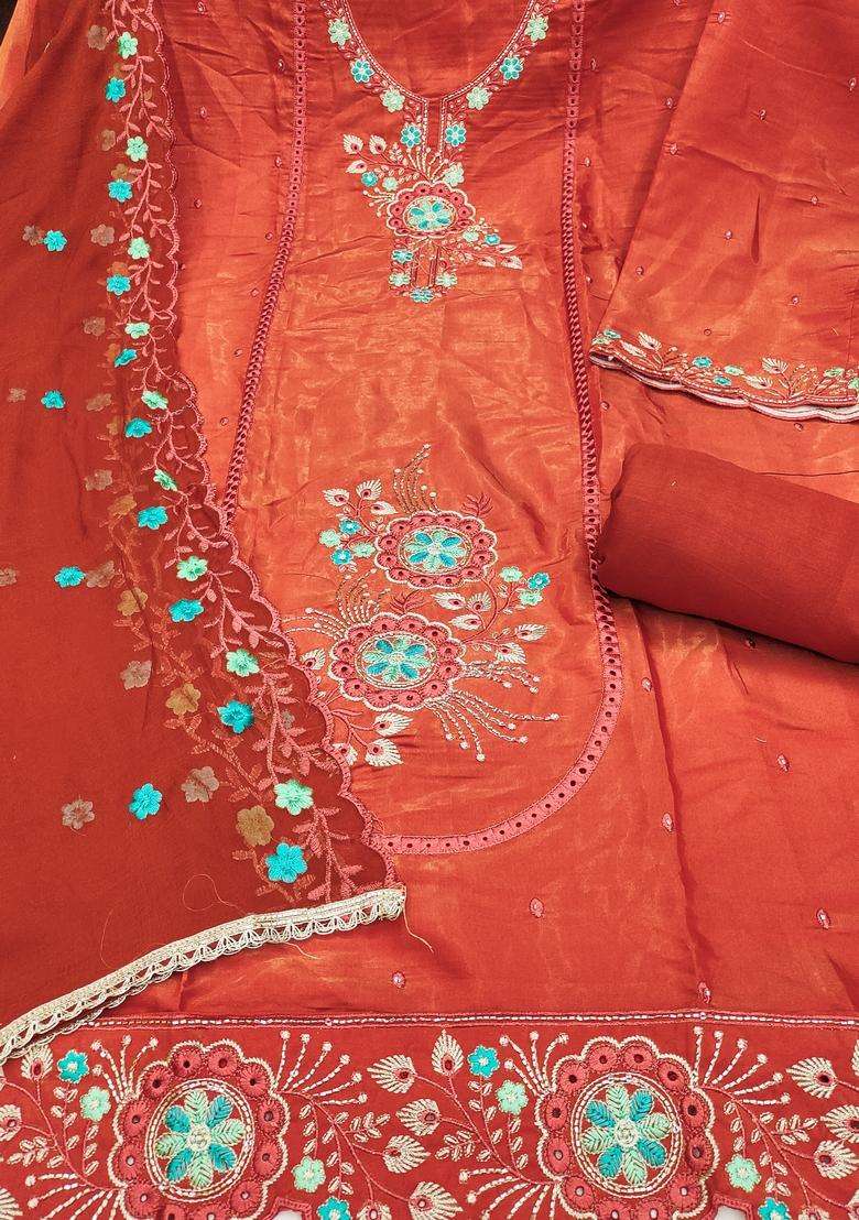 Rust Embroidery Viscose Salwar Kameez - Indya