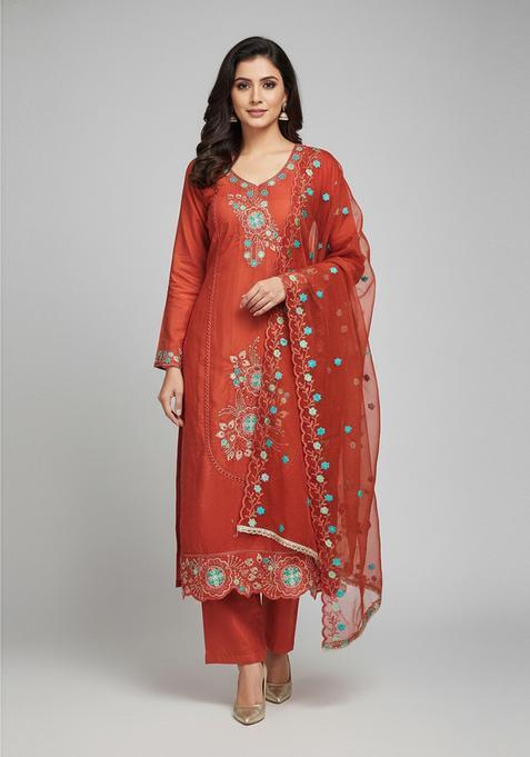 Rust Embroidery Viscose Salwar Kameez