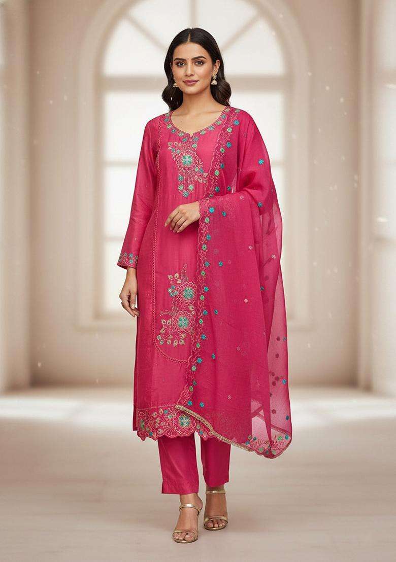Pink Embroidery Viscose Salwar Kameez - Indya