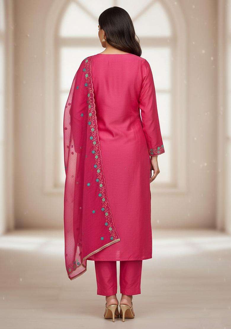 Pink Embroidery Viscose Salwar Kameez - Indya