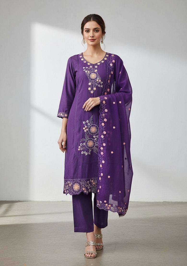 Purple Embroidery Viscose Salwar Kameez - Indya