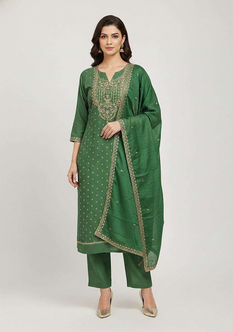 Light Green Embroidery Chanderi Salwar Kameez - Indya