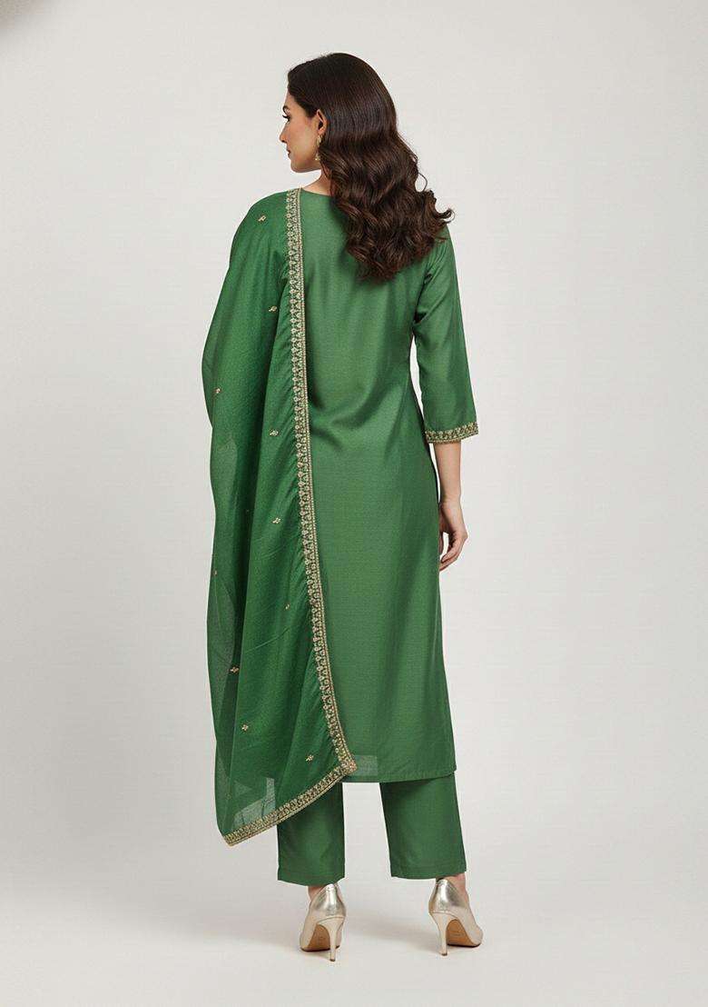 Light Green Embroidery Chanderi Salwar Kameez - Indya