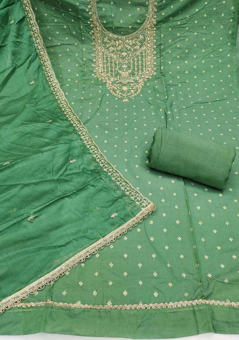 Light Green Embroidery Chanderi Salwar Kameez - Indya