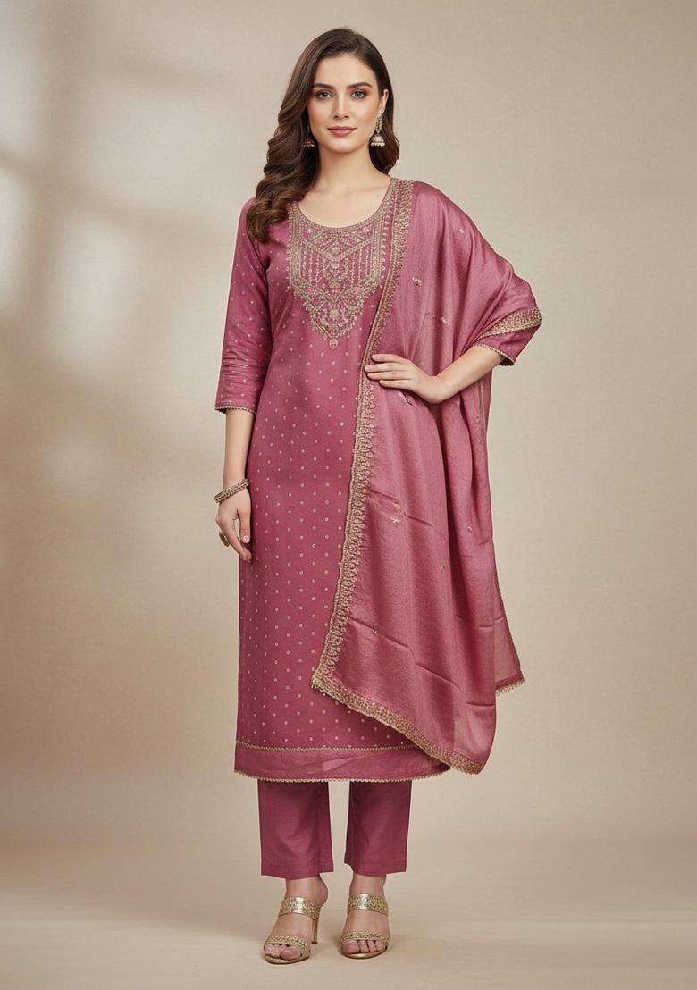 Pink Embroidery Chanderi Salwar Kameez - Indya