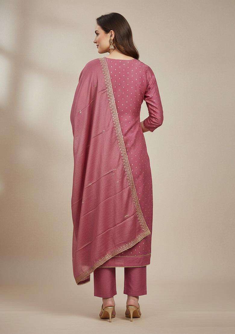 Pink Embroidery Chanderi Salwar Kameez - Indya