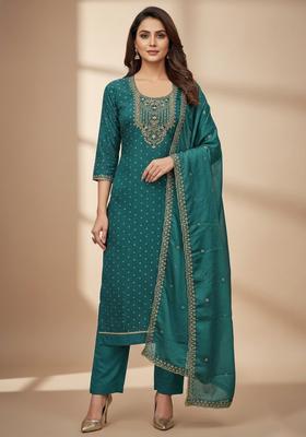 Sea Green Embroidery Chanderi Salwar Kameez