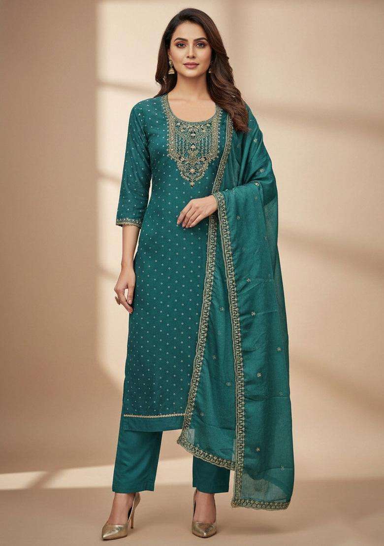 Sea Green Embroidery Chanderi Salwar Kameez - Indya