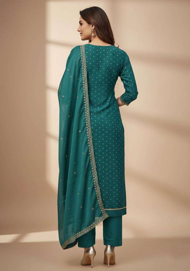Sea Green Embroidery Chanderi Salwar Kameez - Indya