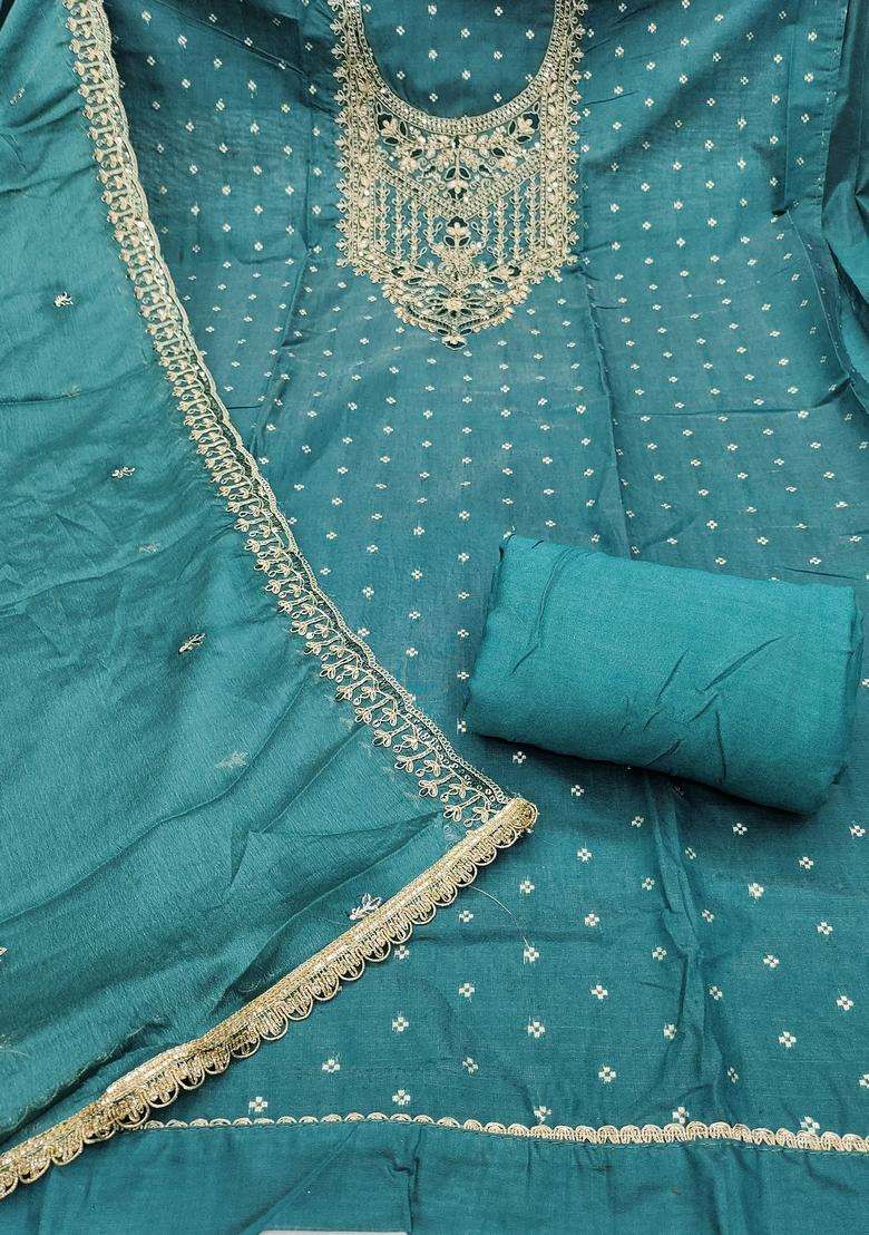 Sea Green Embroidery Chanderi Salwar Kameez - Indya