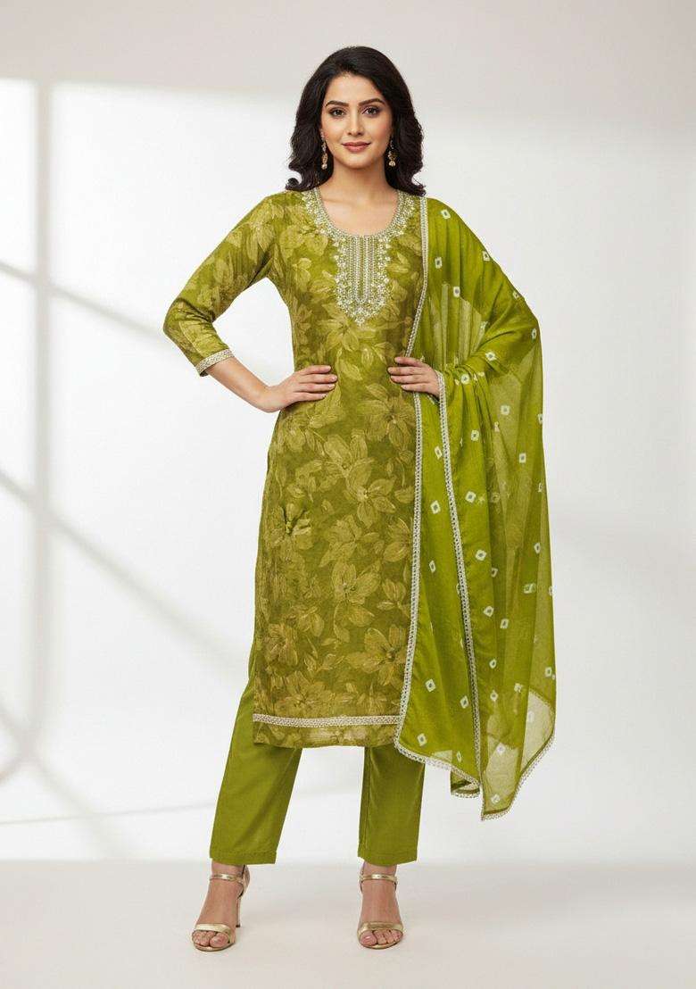 Green Embroidery Silk Salwar Kameez - Indya