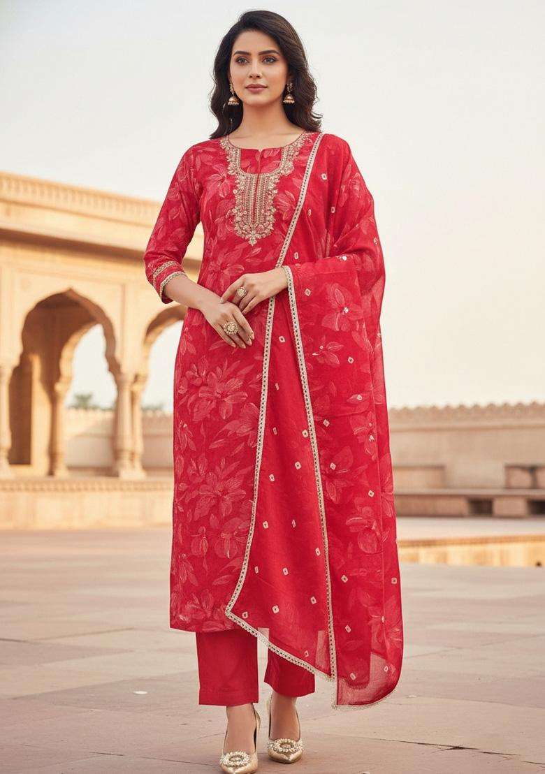 Red Embroidery Silk Salwar Kameez - Indya