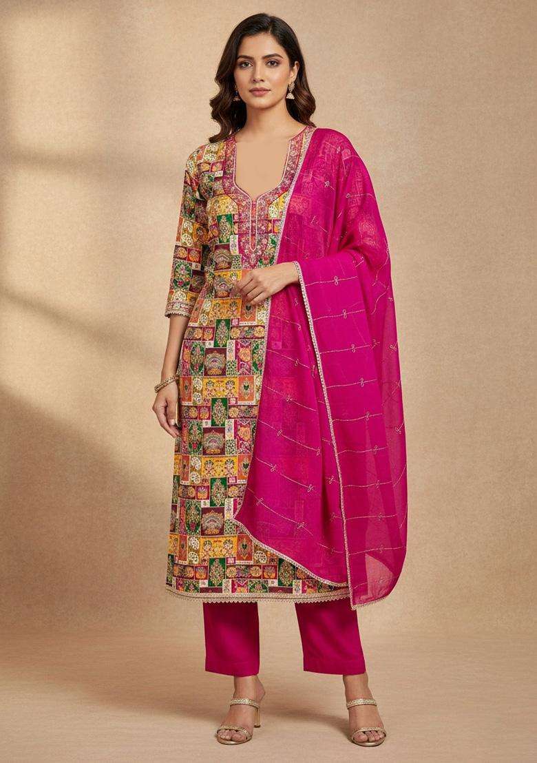 Multicolor Embroidery Silk Salwar Kameez - Indya