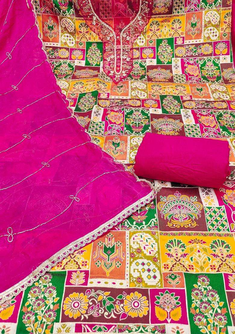 Multicolor Embroidery Silk Salwar Kameez - Indya