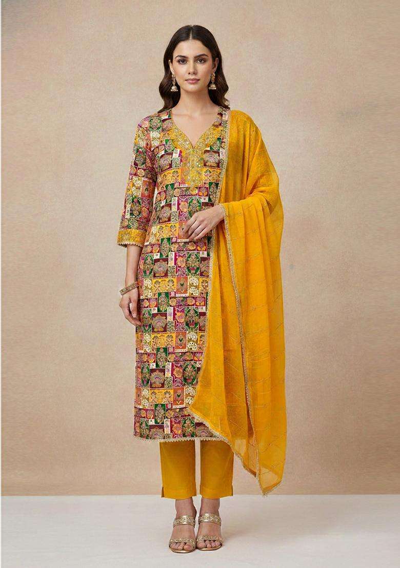 Multicolor Embroidery Silk Salwar Kameez - Indya