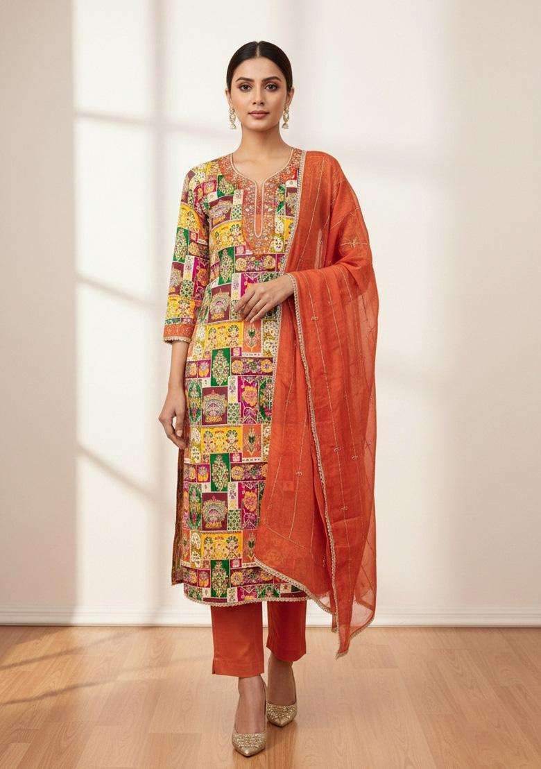 Multicolor Embroidery Silk Salwar Kameez - Indya