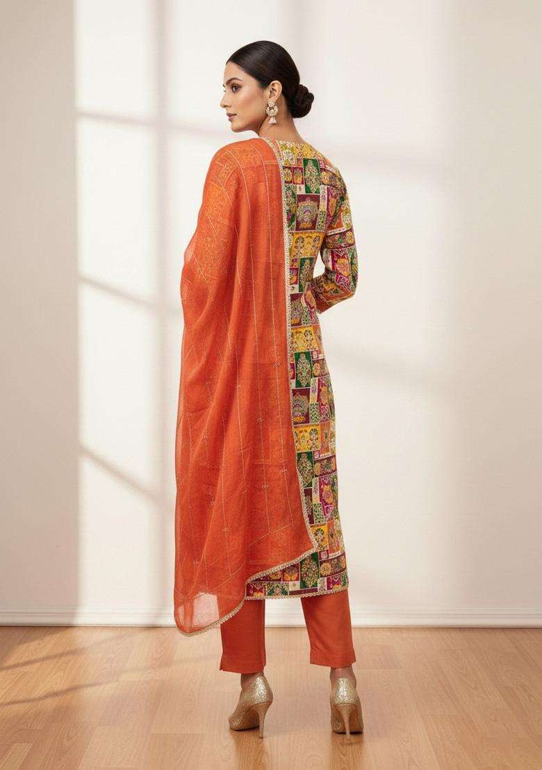 Multicolor Embroidery Silk Salwar Kameez - Indya
