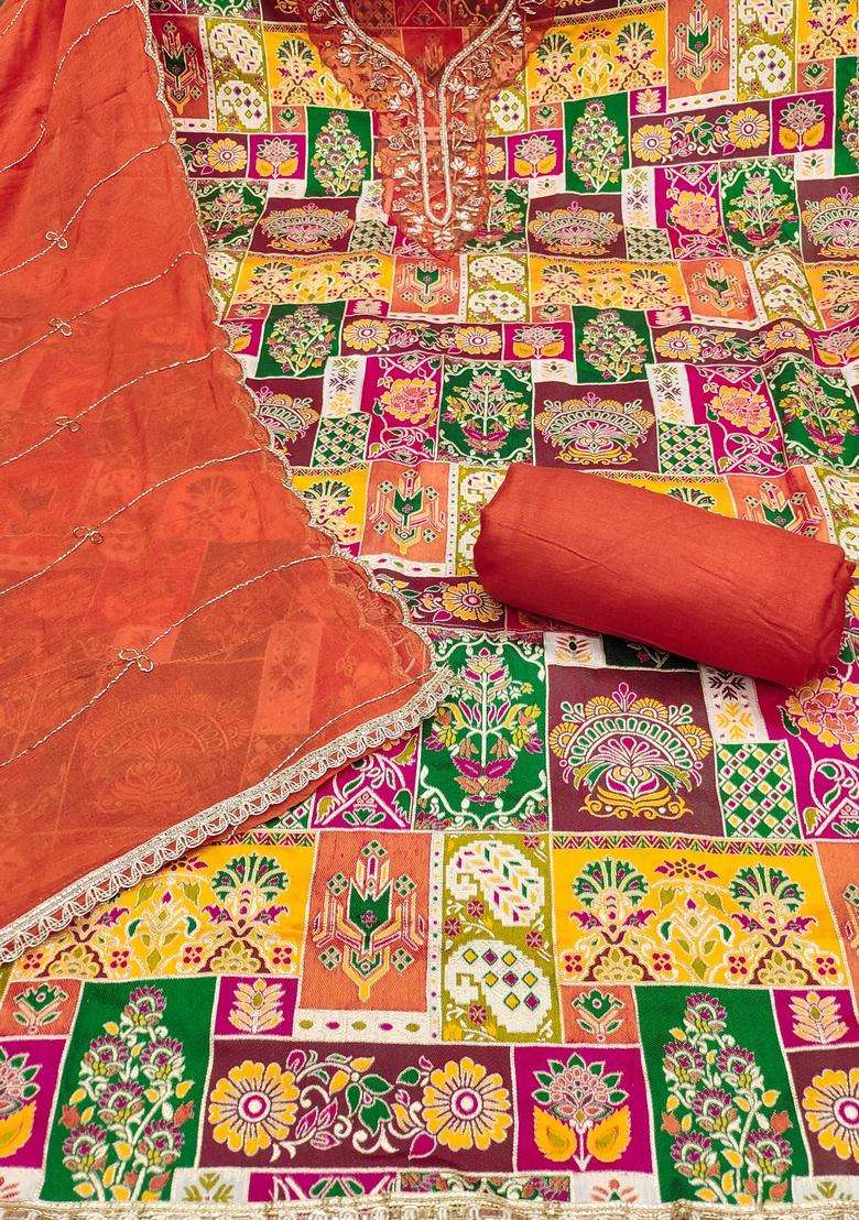 Multicolor Embroidery Silk Salwar Kameez - Indya