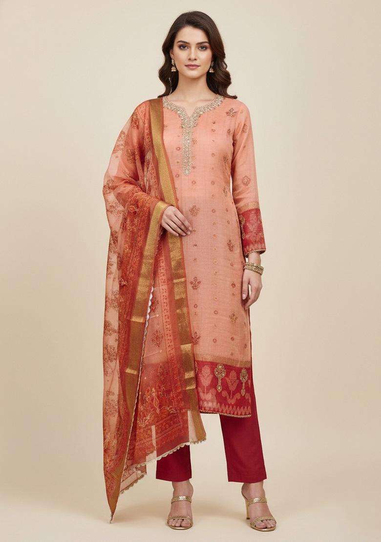 Peach Embroidery Silk Salwar Kameez - Indya