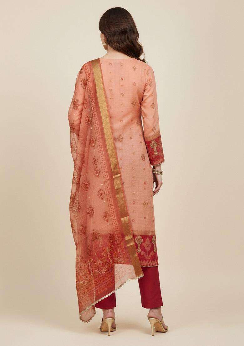 Peach Embroidery Silk Salwar Kameez - Indya