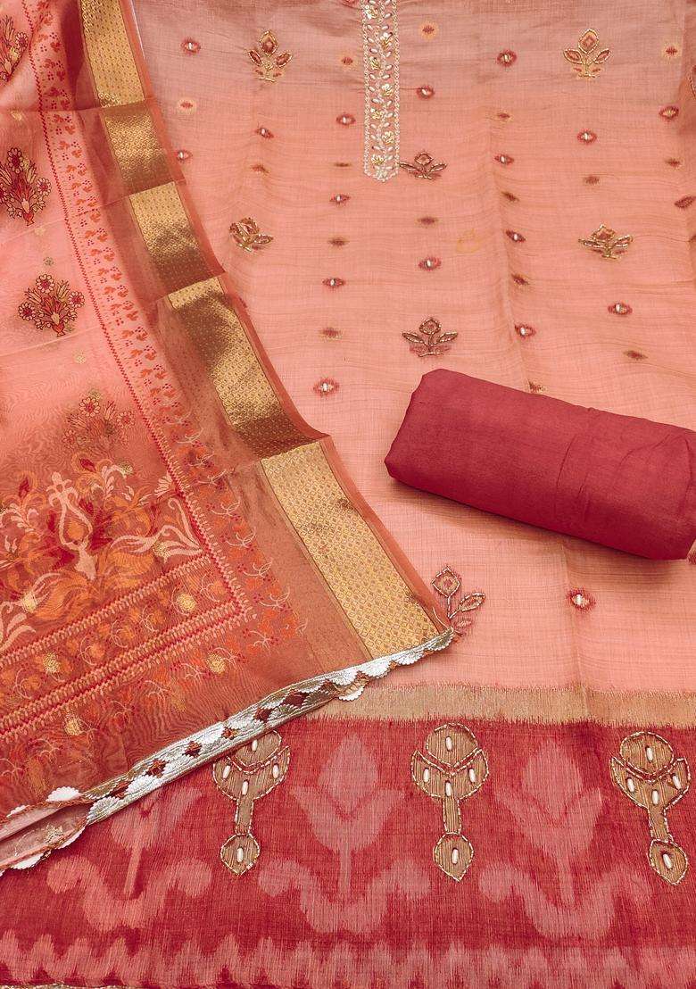 Peach Embroidery Silk Salwar Kameez - Indya
