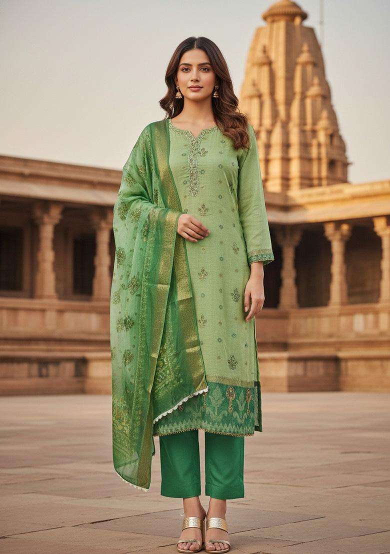 Light Green Embroidery Silk Salwar Kameez - Indya