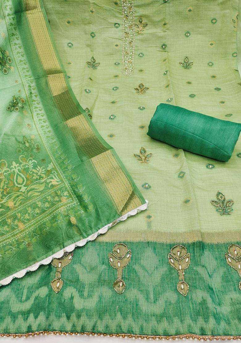 Light Green Embroidery Silk Salwar Kameez - Indya