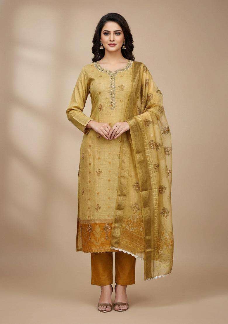 Beige Embroidery Silk Salwar Kameez - Indya
