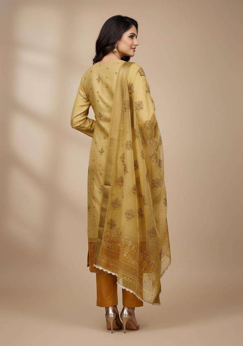 Beige Embroidery Silk Salwar Kameez - Indya