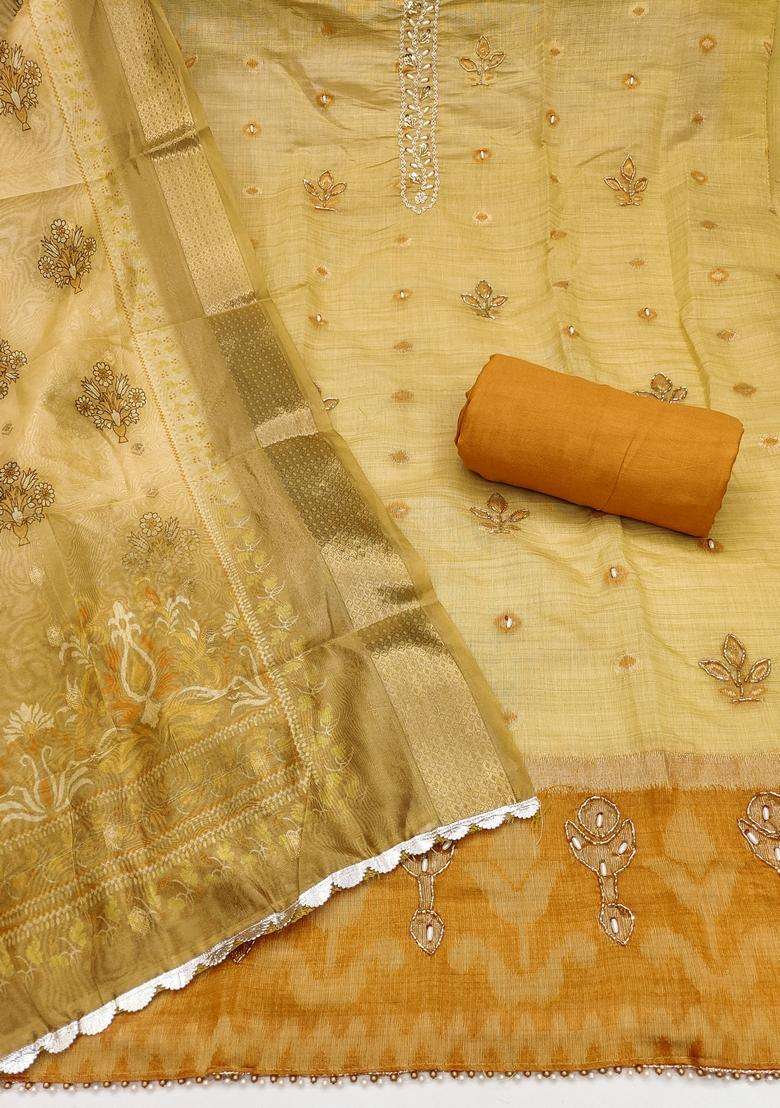 Beige Embroidery Silk Salwar Kameez - Indya