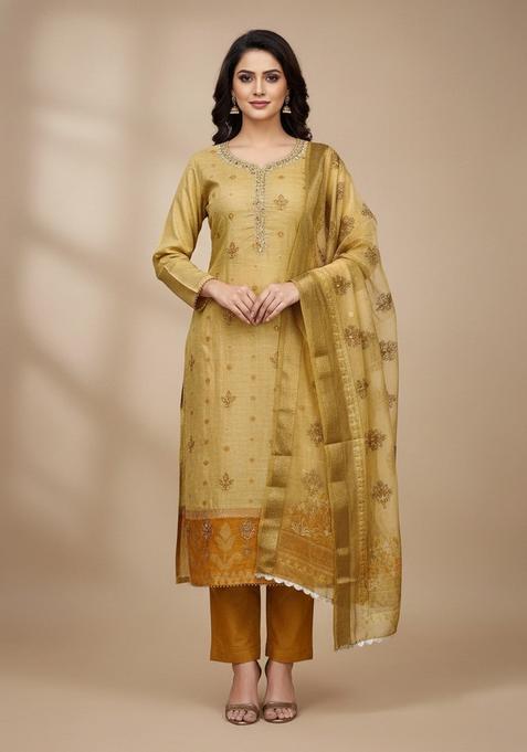 Beige Embroidery Silk Salwar Kameez