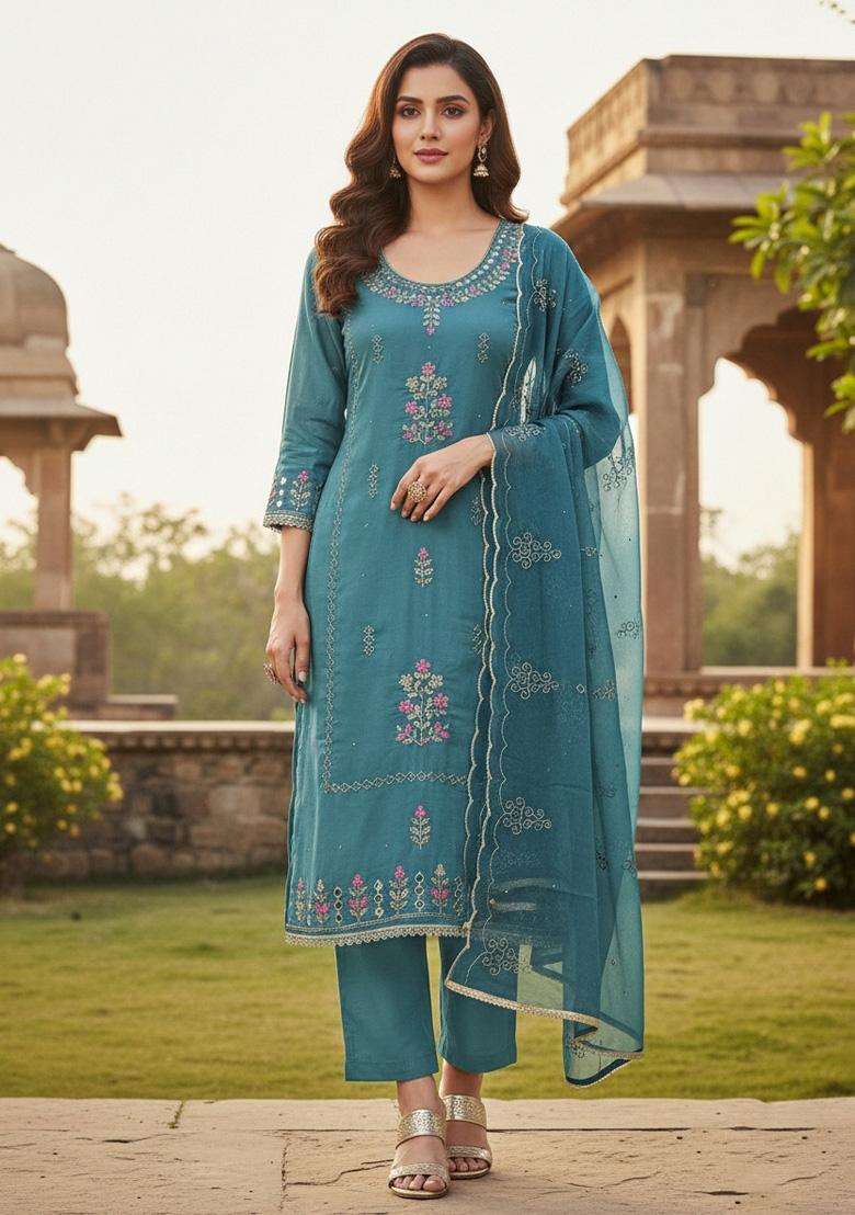 Steel Blue Embroidery Silk Salwar Kameez - Indya