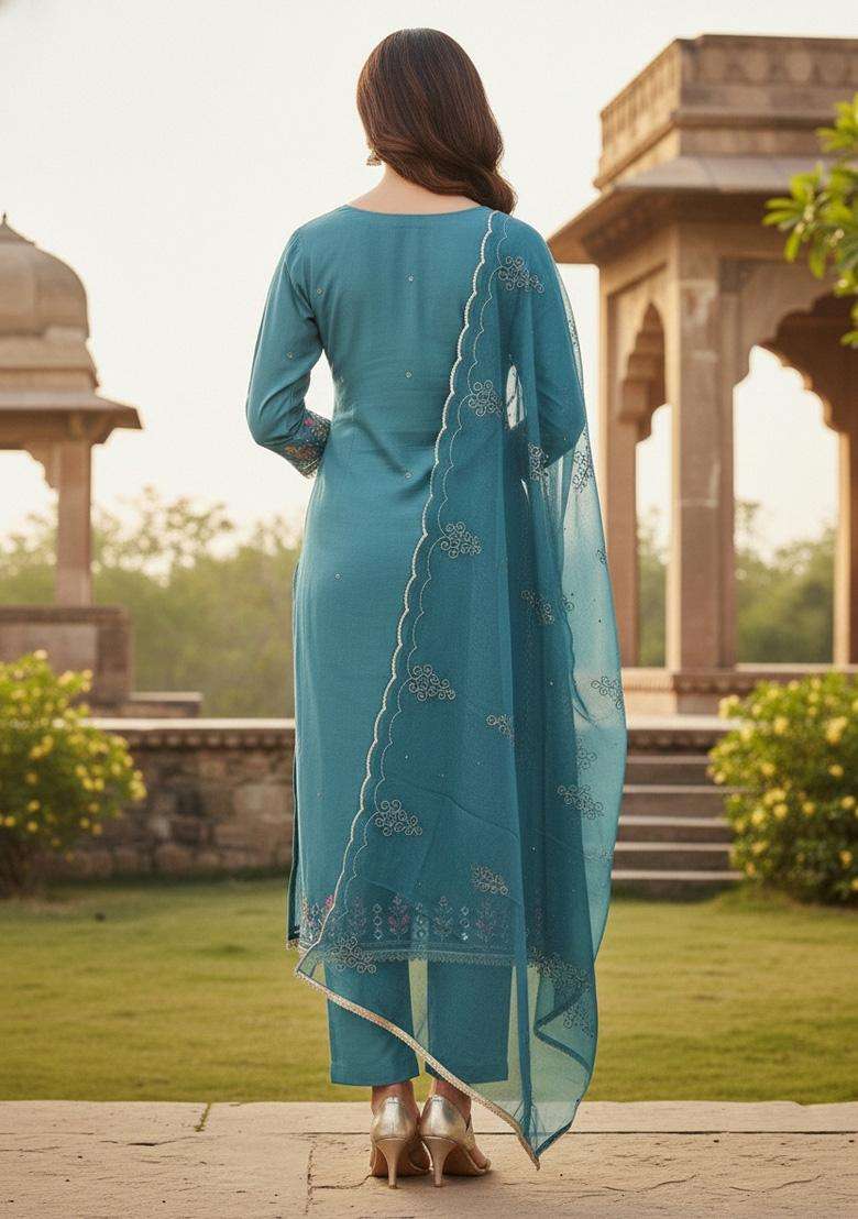Steel Blue Embroidery Silk Salwar Kameez - Indya